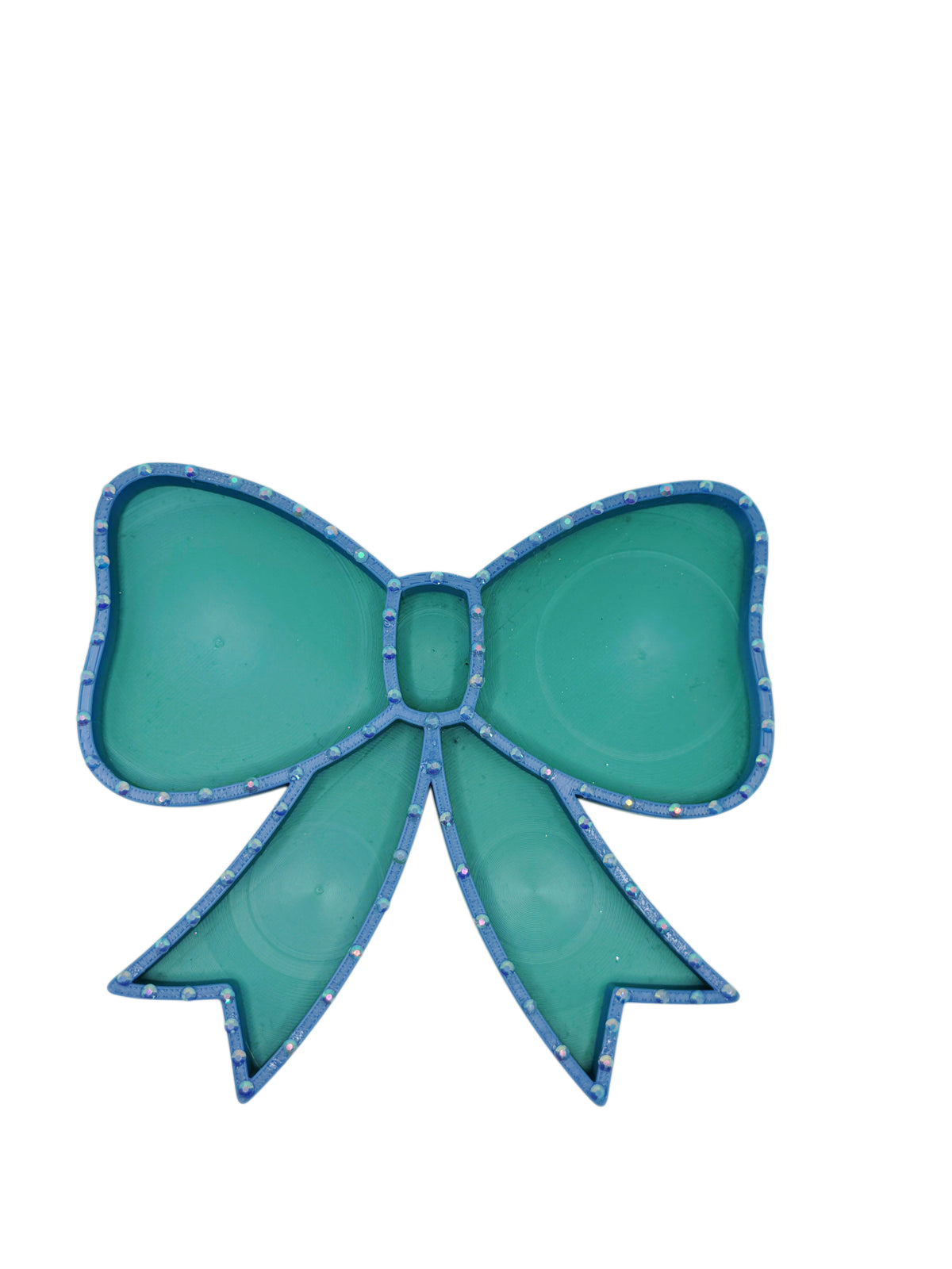 Teal Bow Trinket Dish – Coquette Bedazzled Ribbon Jewelry Tray & Vanity Accent